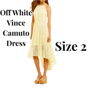 Vince Camuto Dress Sz 2 Lace Overlay Halter High-Low Cream Dress Ruffle Trim